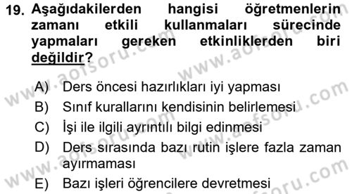 Sınıf Yönetimi Dersi 2015 - 2016 Yılı (Final) Dönem Sonu Sınav Soruları 19. Soru