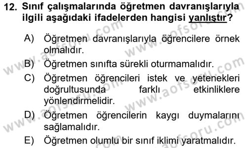 Sınıf Yönetimi Dersi Ara Sınavı Deneme Sınav Soruları 12. Soru