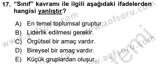 Sınıf Yönetimi Dersi Ara Sınavı Deneme Sınav Soruları 17. Soru