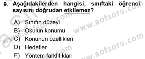 Sınıf Yönetimi Dersi 2016 - 2017 Yılı (Vize) Ara Sınav Soruları 9. Soru
