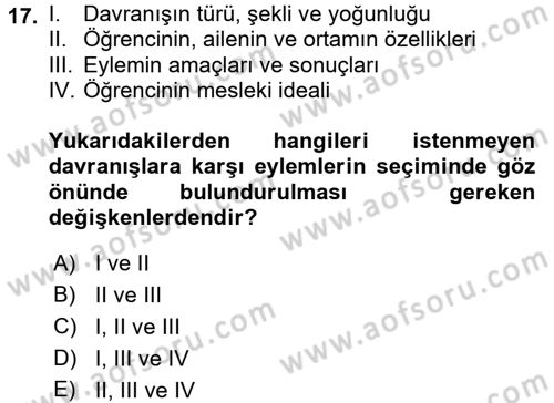 Sınıf Yönetimi Dersi 2016 - 2017 Yılı (Final) Dönem Sonu Sınav Soruları 17. Soru