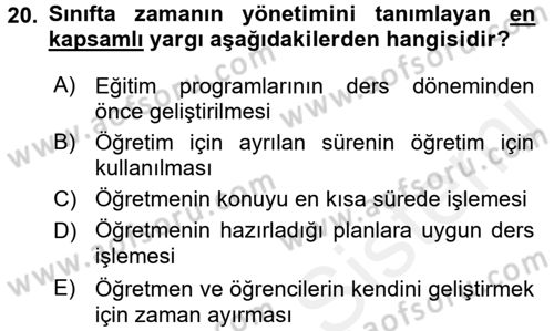 Sınıf Yönetimi Dersi 2016 - 2017 Yılı (Final) Dönem Sonu Sınav Soruları 20. Soru