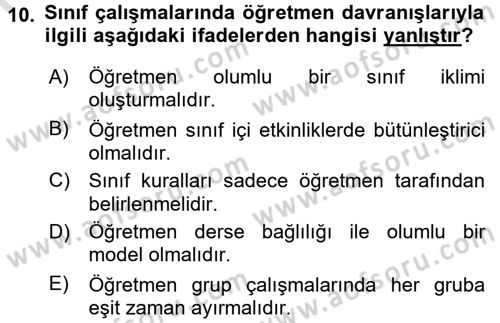 Sınıf Yönetimi Dersi Ara Sınavı Deneme Sınav Soruları 10. Soru