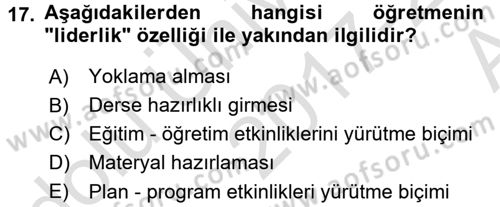 Sınıf Yönetimi Dersi 2017 - 2018 Yılı (Vize) Ara Sınav Soruları 17. Soru