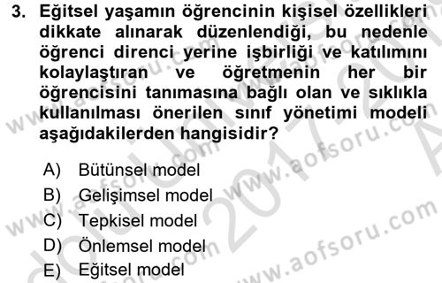 Sınıf Yönetimi Dersi 2017 - 2018 Yılı (Vize) Ara Sınav Soruları 3. Soru
