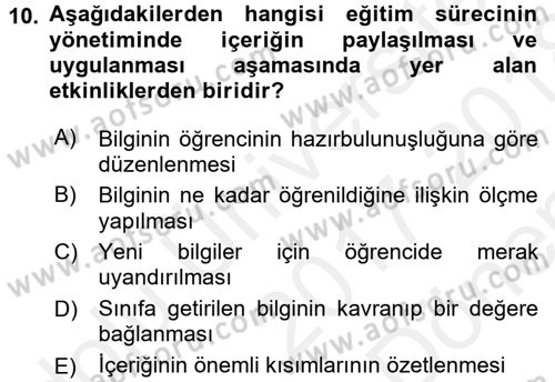 Sınıf Yönetimi Dersi 2017 - 2018 Yılı (Final) Dönem Sonu Sınav Soruları 10. Soru