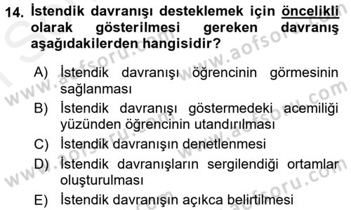 Sınıf Yönetimi Dersi 2017 - 2018 Yılı (Final) Dönem Sonu Sınav Soruları 14. Soru