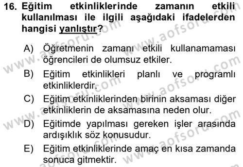 Sınıf Yönetimi Dersi 2017 - 2018 Yılı (Final) Dönem Sonu Sınav Soruları 16. Soru