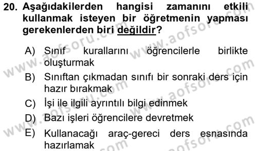 Sınıf Yönetimi Dersi 2017 - 2018 Yılı (Final) Dönem Sonu Sınav Soruları 20. Soru