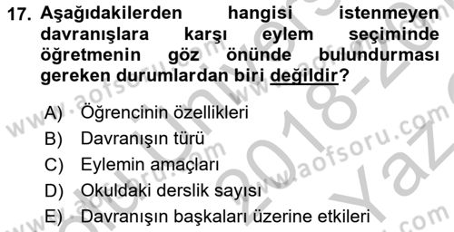 Sınıf Yönetimi Dersi 2018 - 2019 Yılı Yaz Okulu Sınav Soruları 17. Soru