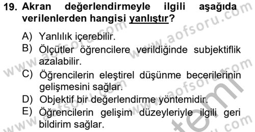 Ölçme Ve Değerlendirme Dersi 2012 - 2013 Yılı (Final) Dönem Sonu Sınav Soruları 19. Soru