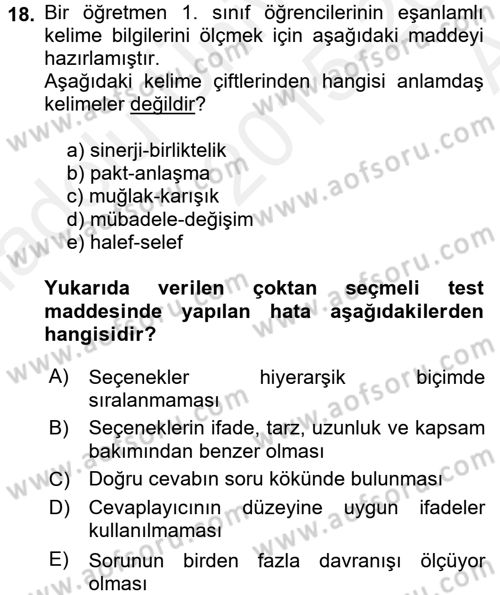 Ölçme Ve Değerlendirme Dersi 2015 - 2016 Yılı (Vize) Ara Sınav Soruları 18. Soru