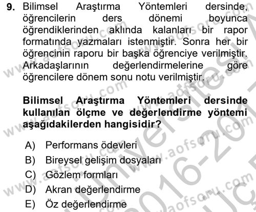 Ölçme Ve Değerlendirme Dersi 2016 - 2017 Yılı 3 Ders Sınav Soruları 9. Soru