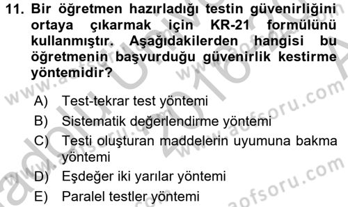 Ölçme Ve Değerlendirme Dersi 2016 - 2017 Yılı (Vize) Ara Sınav Soruları 11. Soru