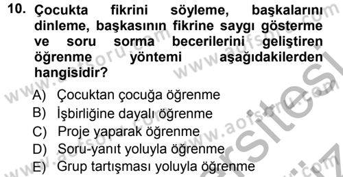 Özel Öğretim Yöntemleri 1 Dersi Ara Sınavı Deneme Sınav Soruları 10. Soru