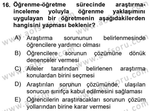 Özel Öğretim Yöntemleri 1 Dersi Ara Sınavı Deneme Sınav Soruları 16. Soru