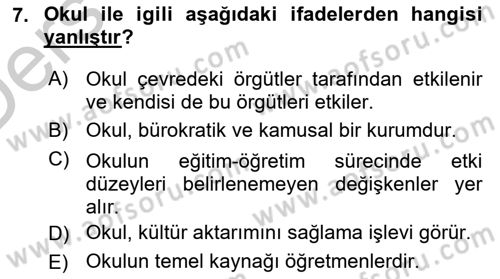 Türk Eğitim Sistemi Ve Okul Yönetimi Dersi 2016 - 2017 Yılı 3 Ders Sınav Soruları 7. Soru