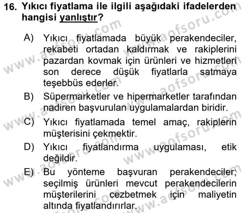 Perakendeciliğe Giriş Dersi 2016 - 2017 Yılı (Vize) Ara Sınavı 16. Soru