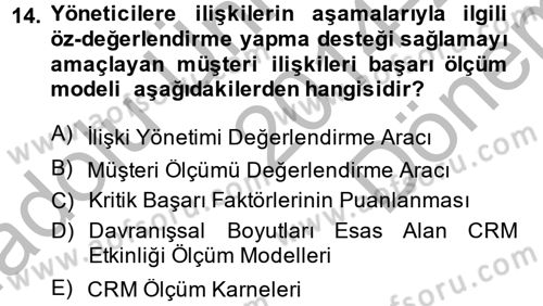 Perakendecilikte Müşteri İlişkileri Yönetimi Dersi 2014 - 2015 Yılı (Final) Dönem Sonu Sınav Soruları 14. Soru