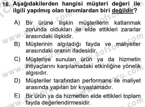 Perakendecilikte Müşteri İlişkileri Yönetimi Dersi Ara Sınavı Deneme Sınav Soruları 16. Soru