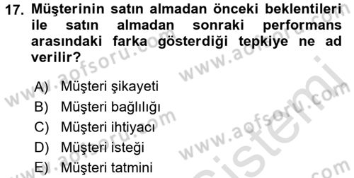Perakendecilikte Müşteri İlişkileri Yönetimi Dersi Ara Sınavı Deneme Sınav Soruları 17. Soru