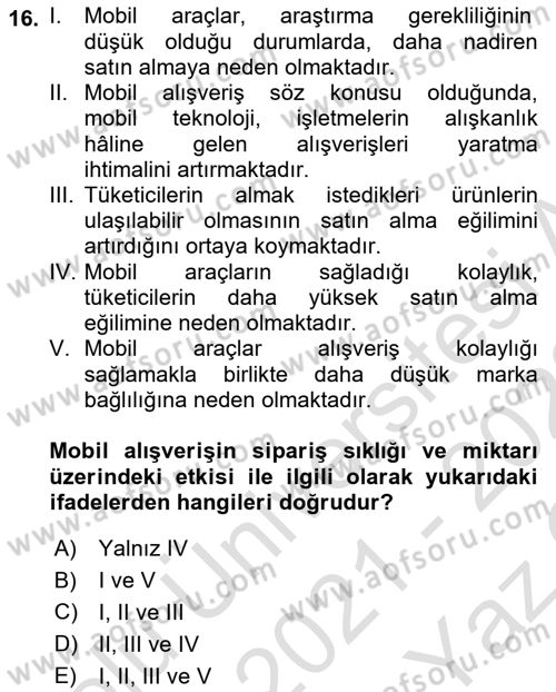 E-Perakendecilik Dersi 2021 - 2022 Yılı Yaz Okulu Sınav Soruları 16. Soru