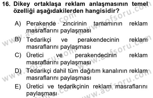Perakende Yönetimi Dersi 2017 - 2018 Yılı (Final) Dönem Sonu Sınav Soruları 16. Soru