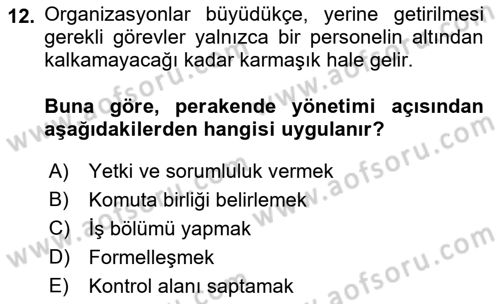 Perakende Yönetimi Dersi 2021 - 2022 Yılı (Vize) Ara Sınavı 12. Soru