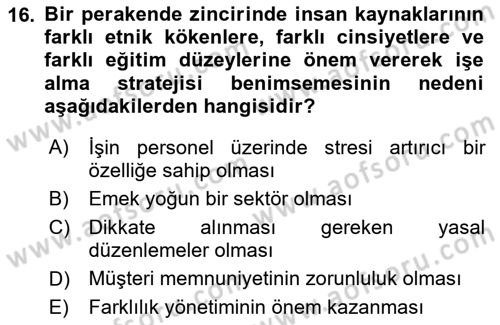 Perakende Yönetimi Dersi Ara Sınavı Deneme Sınav Soruları 16. Soru