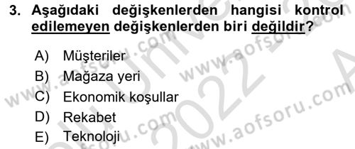 Perakende Yönetimi Dersi Ara Sınavı Deneme Sınav Soruları 3. Soru