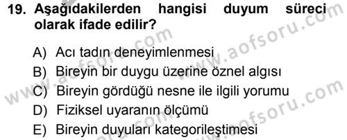 Psikoloji Dersi 2012 - 2013 Yılı (Vize) Ara Sınav Soruları 19. Soru