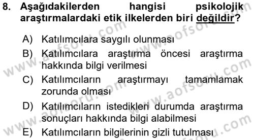 Psikoloji Dersi 2015 - 2016 Yılı (Vize) Ara Sınav Soruları 8. Soru