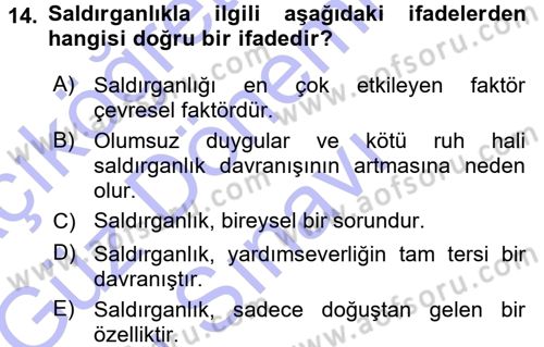 Psikoloji Dersi 2015 - 2016 Yılı (Final) Dönem Sonu Sınav Soruları 14. Soru