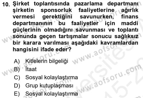 Psikoloji Dersi 2015 - 2016 Yılı Tek Ders Sınav Soruları 10. Soru