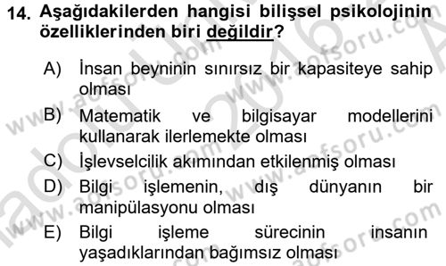 Psikoloji Dersi 2016 - 2017 Yılı (Vize) Ara Sınav Soruları 14. Soru