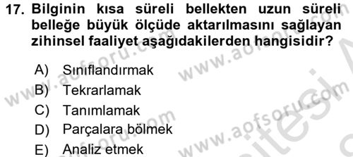 Psikoloji Dersi 2017 - 2018 Yılı (Vize) Ara Sınav Soruları 17. Soru