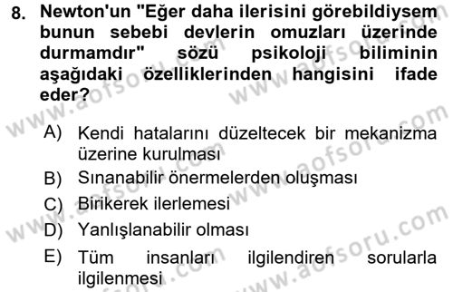 Psikoloji Dersi 2017 - 2018 Yılı (Vize) Ara Sınav Soruları 8. Soru