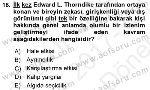 Psikoloji Dersi 2017 - 2018 Yılı (Final) Dönem Sonu Sınav Soruları 18. Soru
