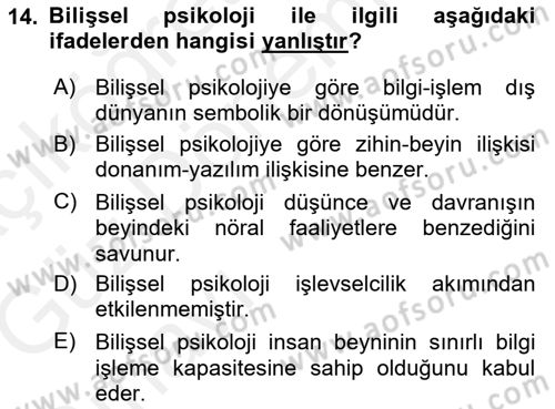 Psikoloji Dersi 2018 - 2019 Yılı (Vize) Ara Sınav Soruları 14. Soru
