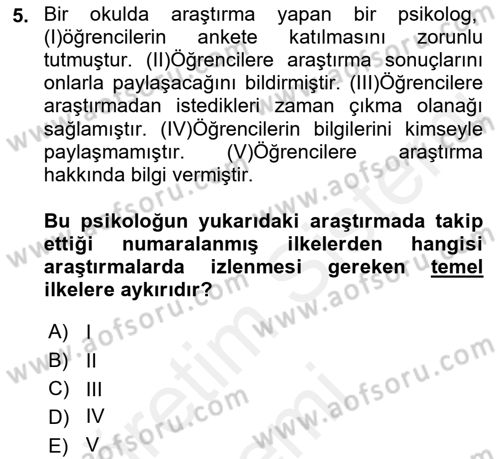 Psikoloji Dersi 2018 - 2019 Yılı (Vize) Ara Sınav Soruları 5. Soru