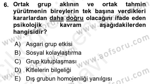 Psikoloji Dersi 2018 - 2019 Yılı (Final) Dönem Sonu Sınavı 6. Soru