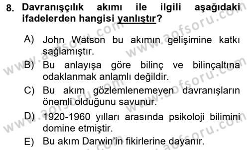 Psikoloji Dersi 2018 - 2019 Yılı (Final) Dönem Sonu Sınav Soruları 8. Soru