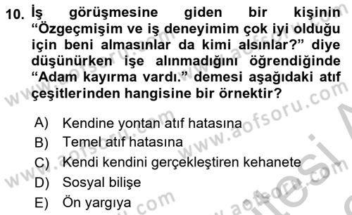 Psikoloji Dersi 2018 - 2019 Yılı Yaz Okulu Sınav Soruları 10. Soru