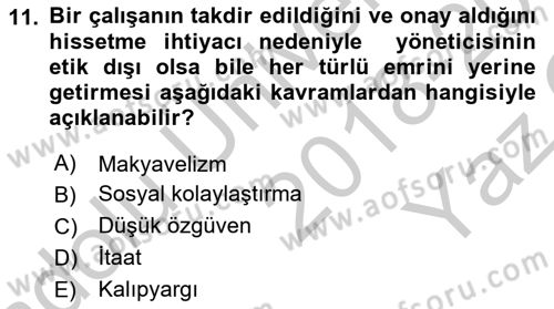 Psikoloji Dersi 2018 - 2019 Yılı Yaz Okulu Sınav Soruları 11. Soru