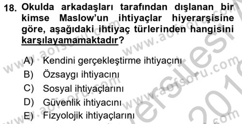 Psikoloji Dersi 2018 - 2019 Yılı Yaz Okulu Sınav Soruları 18. Soru