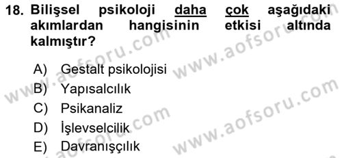 Psikoloji Dersi 2019 - 2020 Yılı (Vize) Ara Sınav Soruları 18. Soru