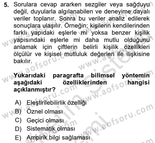 Psikoloji Dersi 2019 - 2020 Yılı (Vize) Ara Sınav Soruları 5. Soru