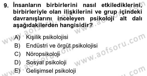 Psikoloji Dersi 2019 - 2020 Yılı (Vize) Ara Sınav Soruları 9. Soru