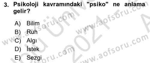 Psikoloji Dersi 2021 - 2022 Yılı (Vize) Ara Sınav Soruları 3. Soru