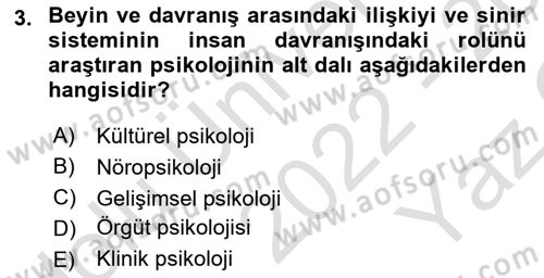 Psikoloji Dersi 2022 - 2023 Yılı Yaz Okulu Sınavı 3. Soru